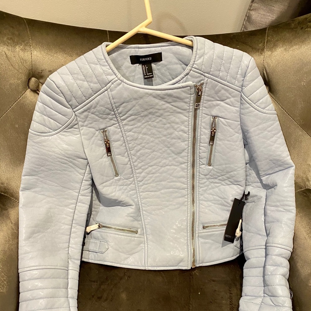 Light Blue Faux Leather Jacket
